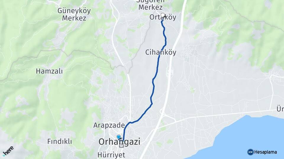 Bursa Orhangazi Ortaköy Orhangazi Arası Kaç Km - Yol Haritası
