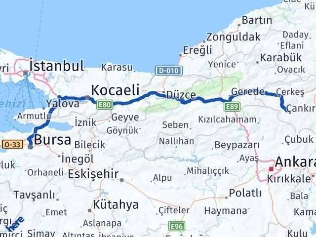 Bursa Orta Çankırı Arası Kaç Km - Yol Haritası