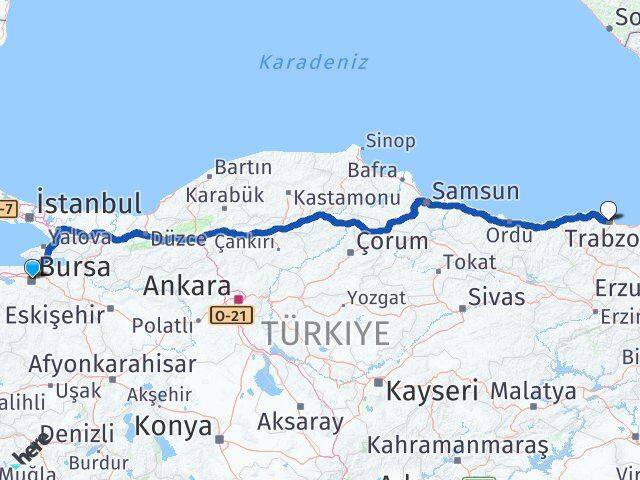 Bursa Ortahisar Trabzon Arası Kaç Km - Yol Haritası