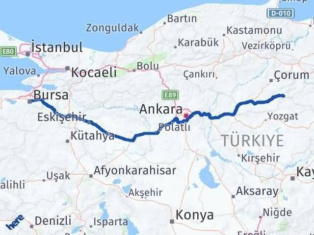 Bursa Ortaköy Çorum Arası Kaç Km - Yol Haritası