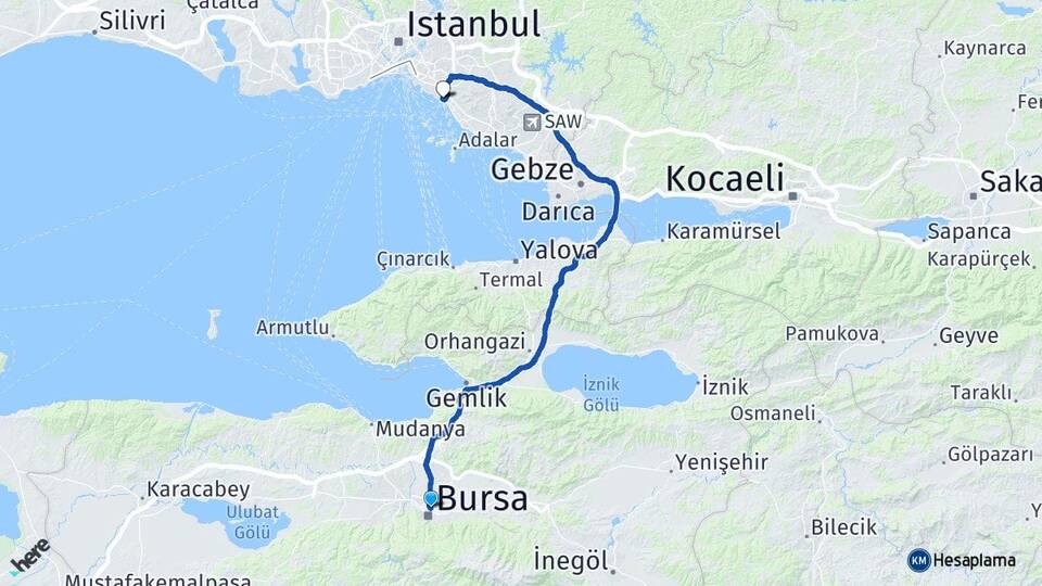 Bursa Osmangazi Bostancı Kadıköy İstanbul Arası Kaç Km - Yol Haritası