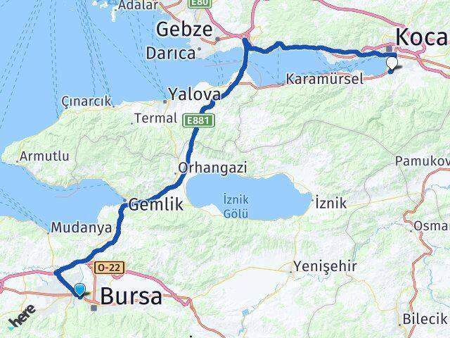 Bursa Osmangazi Dikkaldırım Başiskele Kocaeli Arası Kaç Km - Yol Haritası