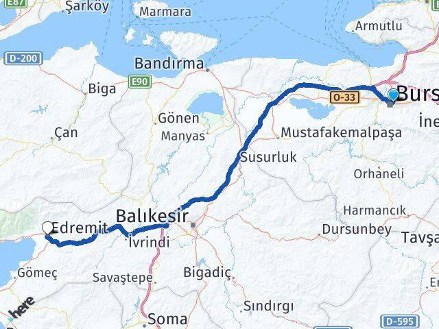 Bursa Osmangazi Edremit Balıkesir Arası Kaç Km - Yol Haritası