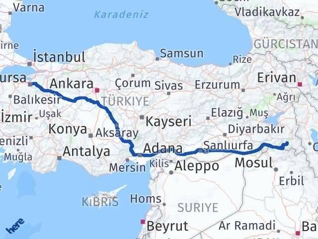 Bursa Osmangazi Hakkari Arası Kaç Km - Yol Haritası
