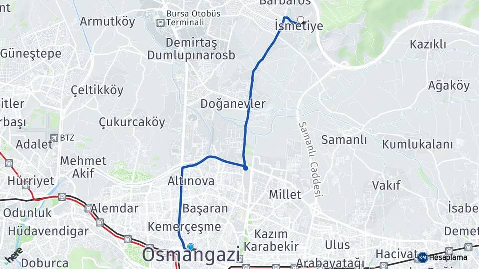 Bursa Osmangazi İsmetiye Osmangazi Arası Kaç Km - Yol Haritası