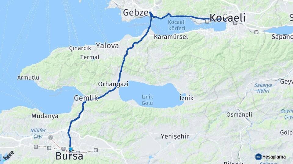 Bursa Osmangazi İzmit Kocaeli Arası Kaç Km - Yol Haritası