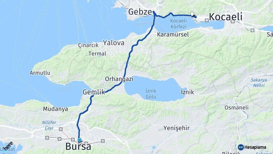 Bursa Osmangazi Körfez Kocaeli Arası Kaç Km - Yol Haritası