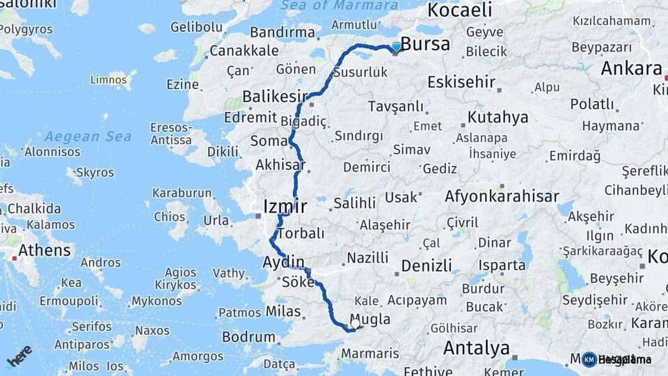 Bursa Osmangazi Muğla Arası Kaç Km - Yol Haritası
