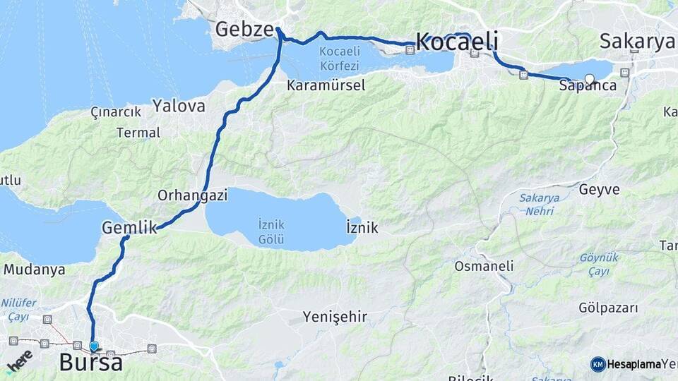 Bursa Osmangazi Sapanca Sakarya Arası Kaç Km - Yol Haritası