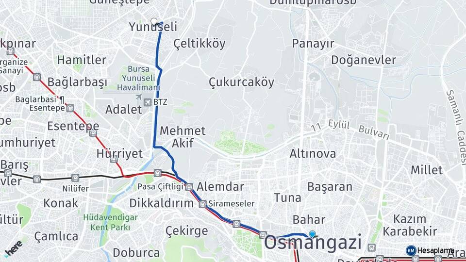 Bursa Osmangazi Yunuseli Osmangazi Arası Kaç Km - Yol Haritası