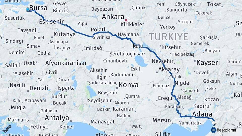 Bursa Payas Hatay Arası Kaç Km - Yol Haritası