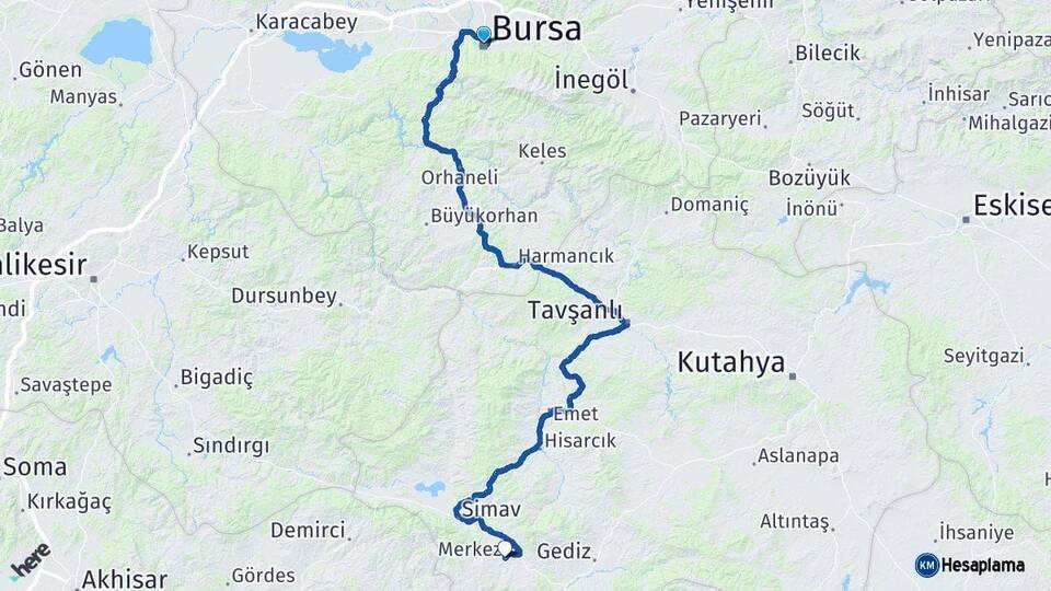 Bursa Pazarlar Kütahya Arası Kaç Km - Yol Haritası