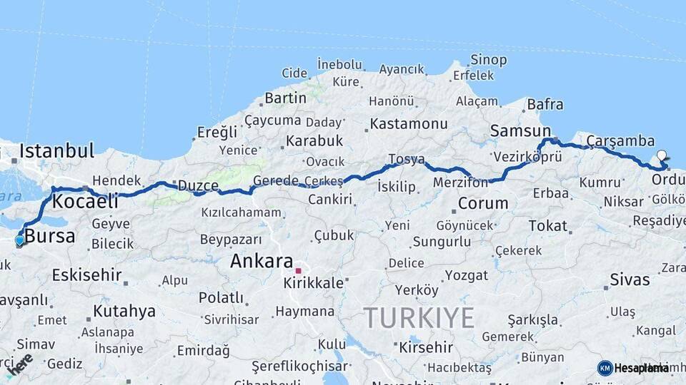 Bursa Perşembe Ordu Arası Kaç Km - Yol Haritası
