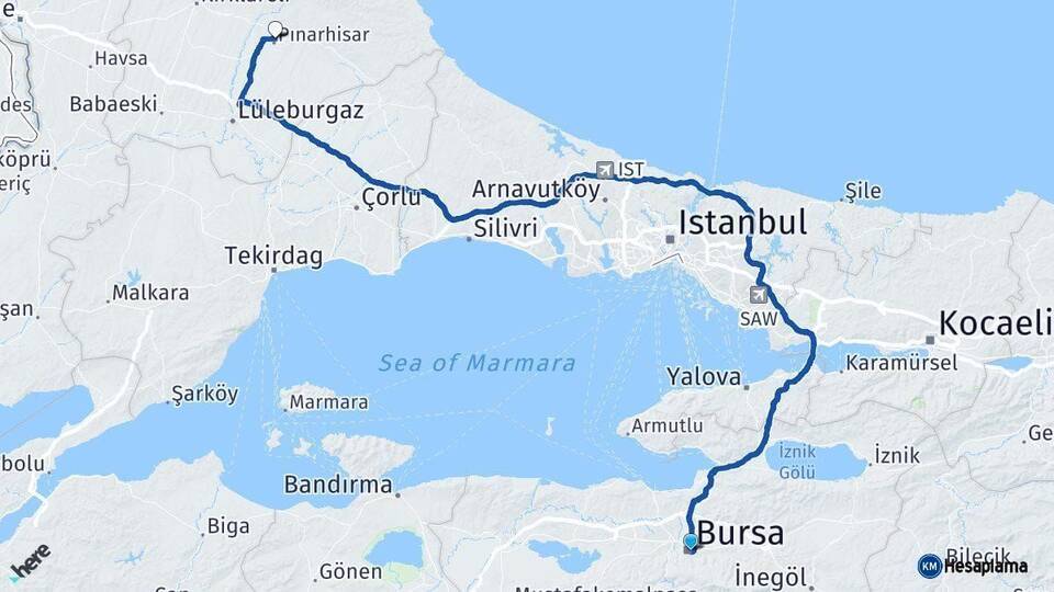Bursa Pınarhisar Kırklareli Arası Kaç Km - Yol Haritası