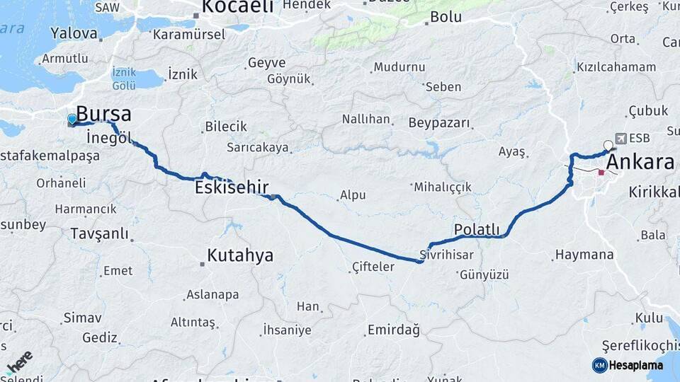Bursa Pursaklar Ankara Arası Kaç Km - Yol Haritası