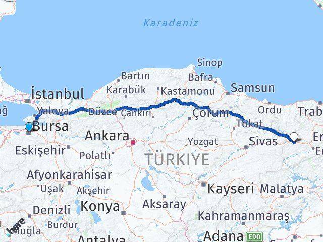 Bursa Refahiye Erzincan Arası Kaç Km - Yol Haritası