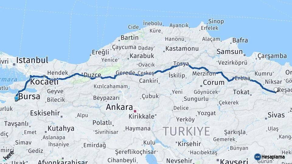 Bursa Reşadiye Tokat Arası Kaç Km - Yol Haritası