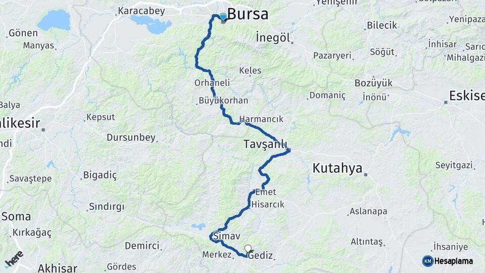 Bursa Şaphane Kütahya Arası Kaç Km - Yol Haritası