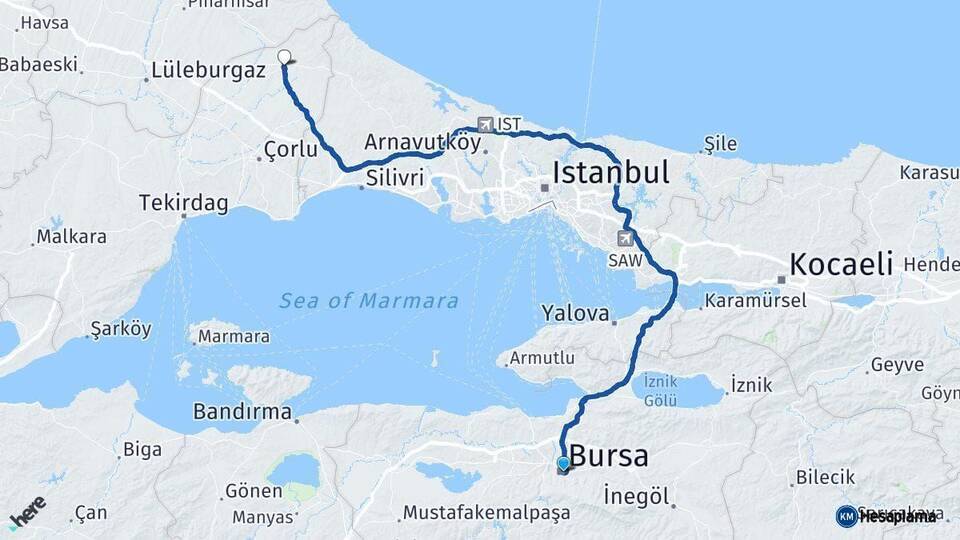 Bursa Saray Tekirdağ Arası Kaç Km - Yol Haritası