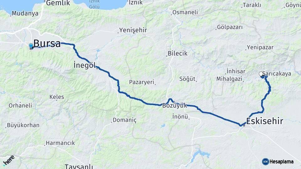Bursa Sarıcakaya Eskişehir Arası Kaç Km - Yol Haritası