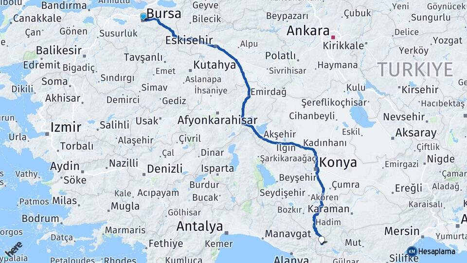Bursa Sarıveliler Karaman Arası Kaç Km - Yol Haritası