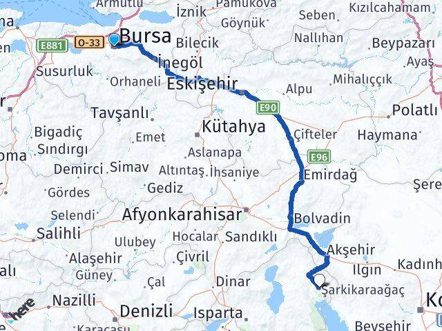 Bursa Şarkikaraağaç Isparta Arası Kaç Km - Yol Haritası