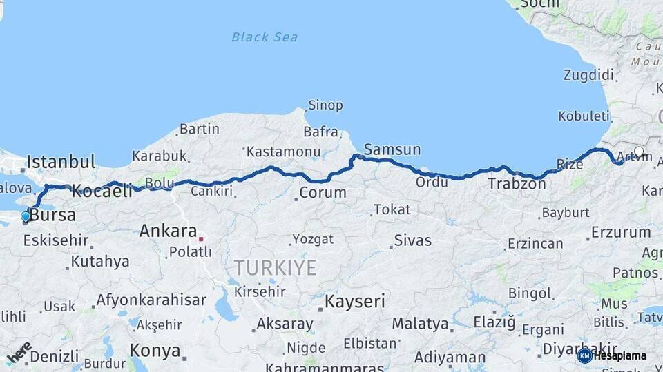 Bursa Şavşat Artvin Arası Kaç Km - Yol Haritası