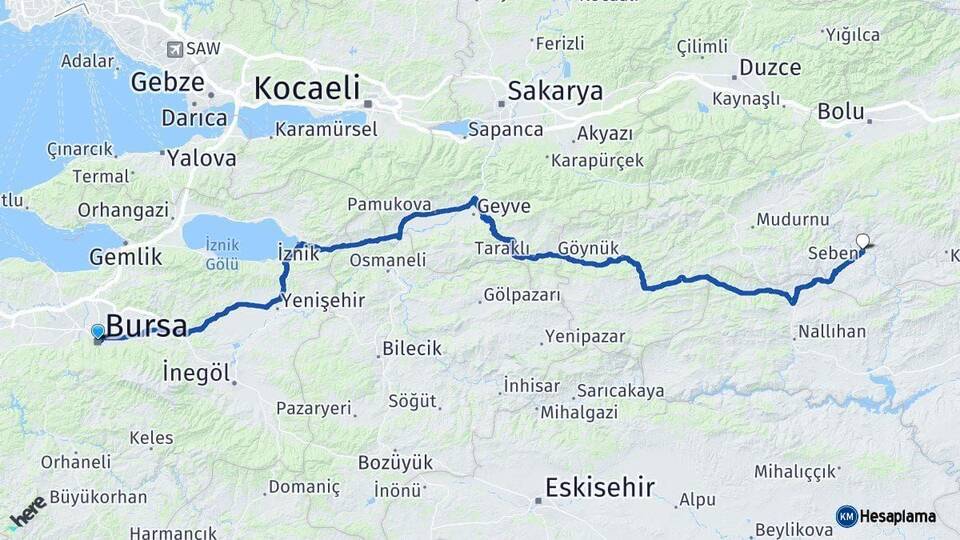 Bursa Seben Bolu Arası Kaç Km - Yol Haritası