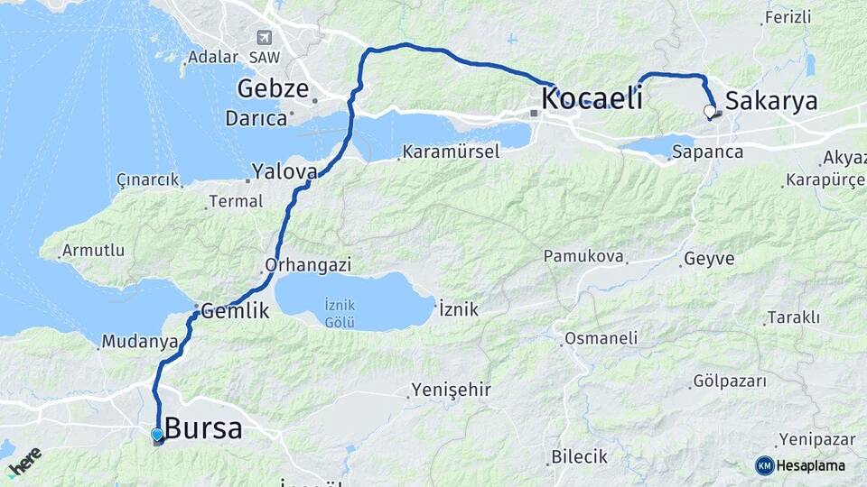 Bursa Serdivan Sakarya Arası Kaç Km - Yol Haritası
