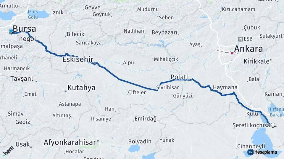 Bursa Şereflikoçhisar Ankara Arası Kaç Km - Yol Haritası