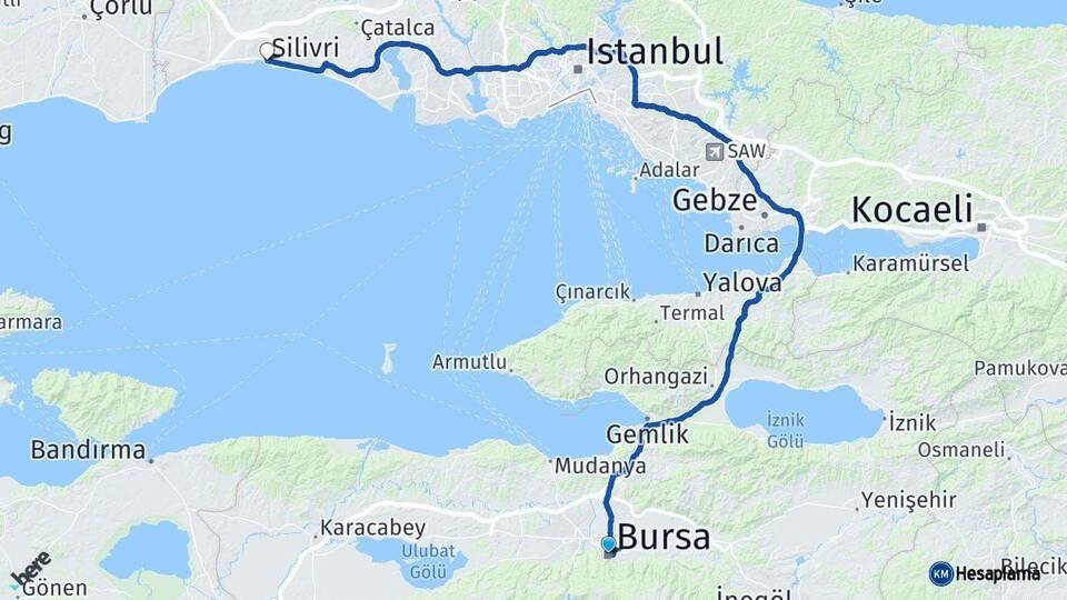 Bursa Silivri İstanbul Arası Kaç Km - Yol Haritası