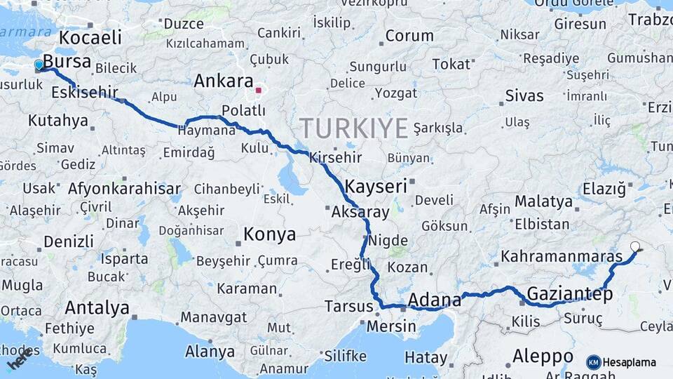 Bursa Siverek Şanlıurfa Arası Kaç Km - Yol Haritası