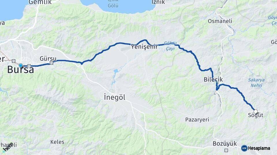 Bursa Söğüt Bilecik Arası Kaç Km - Yol Haritası