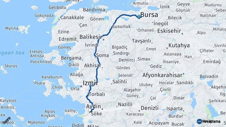 Bursa Söke Aydın Arası Kaç Km - Yol Haritası