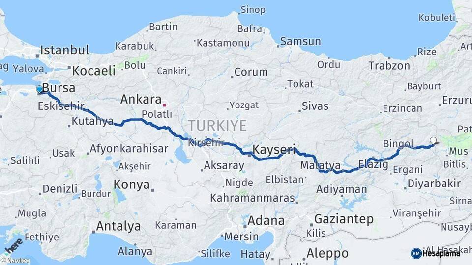 Bursa Solhan Bingöl Arası Kaç Km - Yol Haritası