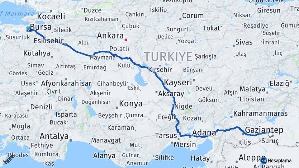 Bursa Suruç Şanlıurfa Arası Kaç Km - Yol Haritası