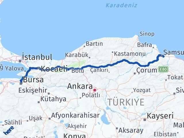 Bursa Tekkeköy Samsun Arası Kaç Km - Yol Haritası