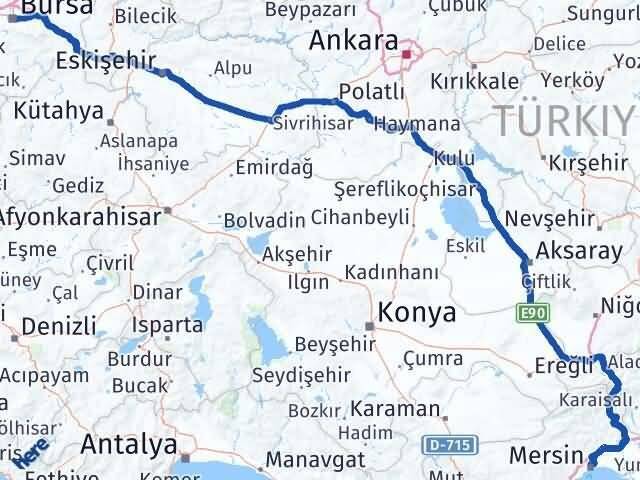 Bursa Toroslar Mersin Arası Kaç Km - Yol Haritası