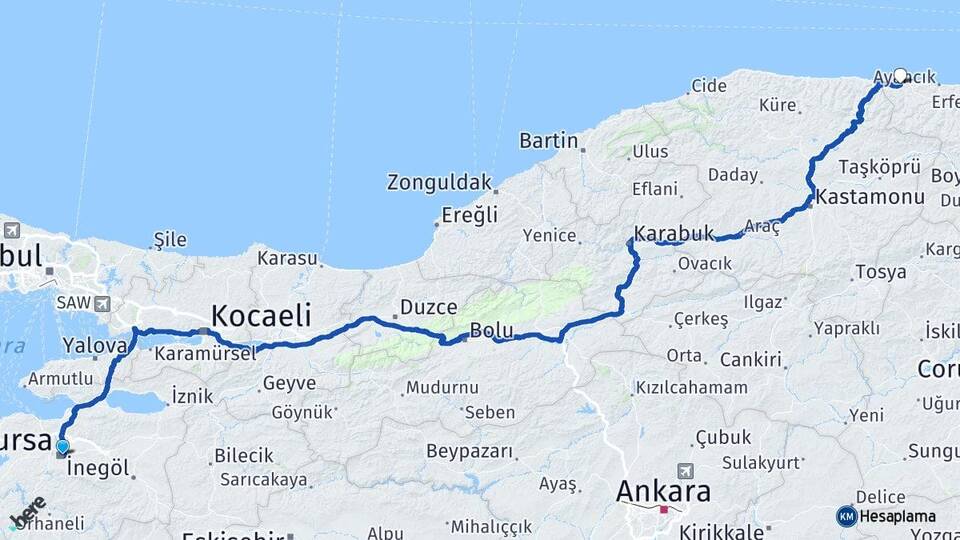 Bursa Türkeli Sinop Arası Kaç Km - Yol Haritası