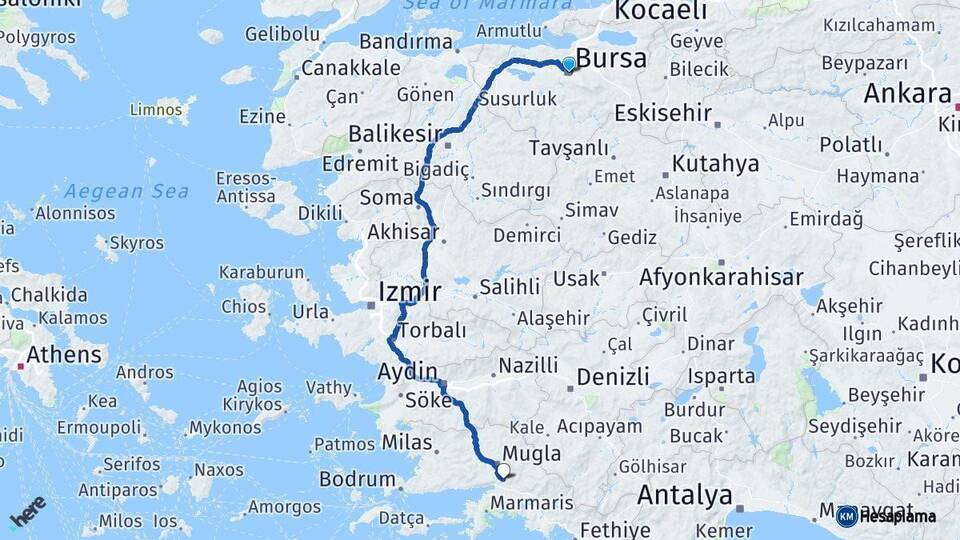 Bursa Ula Muğla Arası Kaç Km - Yol Haritası