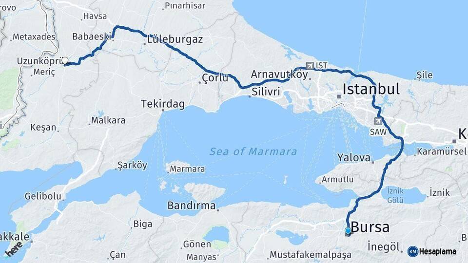 Bursa Uzunköprü Edirne Arası Kaç Km - Yol Haritası