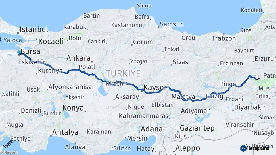 Bursa Varto Muş Arası Kaç Km - Yol Haritası