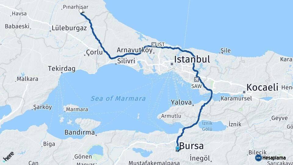 Bursa Vize Kırklareli Arası Kaç Km - Yol Haritası
