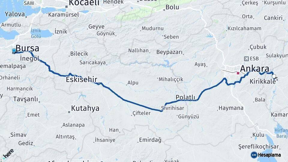Bursa Yahşihan Kırıkkale Arası Kaç Km - Yol Haritası