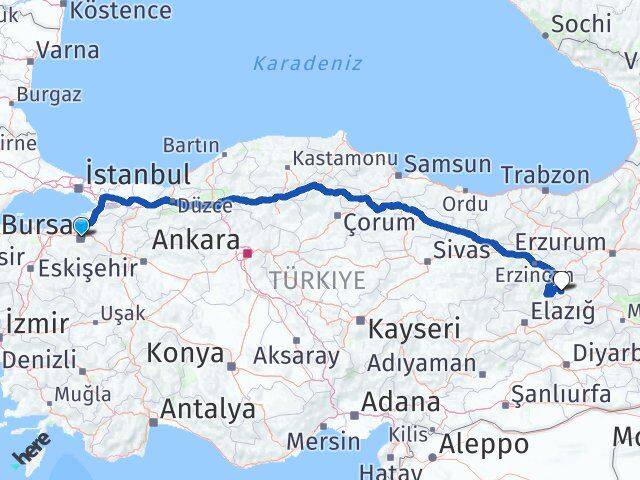 Bursa Yayladere Bingöl Arası Kaç Km - Yol Haritası