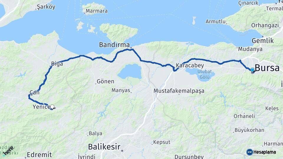 Bursa Yenice Çanakkale Arası Kaç Km - Yol Haritası