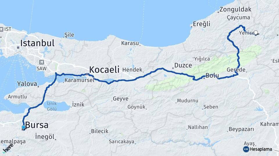Bursa Yenice Karabük Arası Kaç Km - Yol Haritası