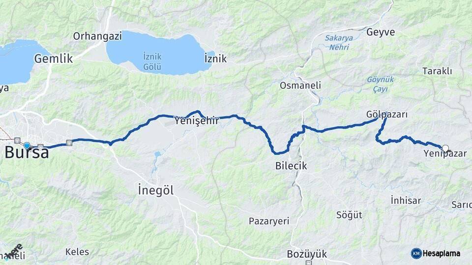 Bursa Yenipazar Bilecik Arası Kaç Km - Yol Haritası