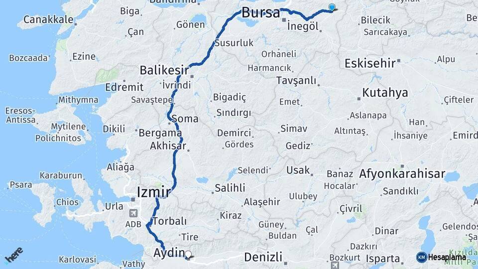 Bursa Yenişehir Aydın Arası Kaç Km - Yol Haritası