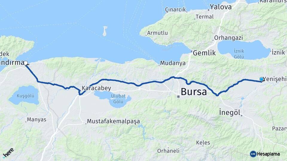 Bursa Yenişehir Bandırma Balıkesir Arası Kaç Km - Yol Haritası
